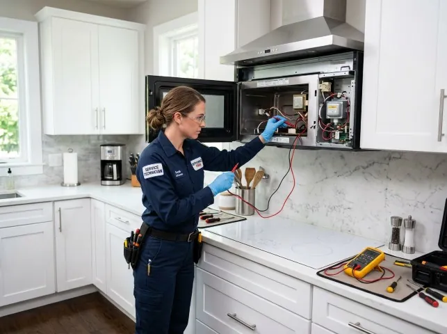 Appliance Repair Hero technician testing an over-the-range microwave in a Audubon, NJ kitchen